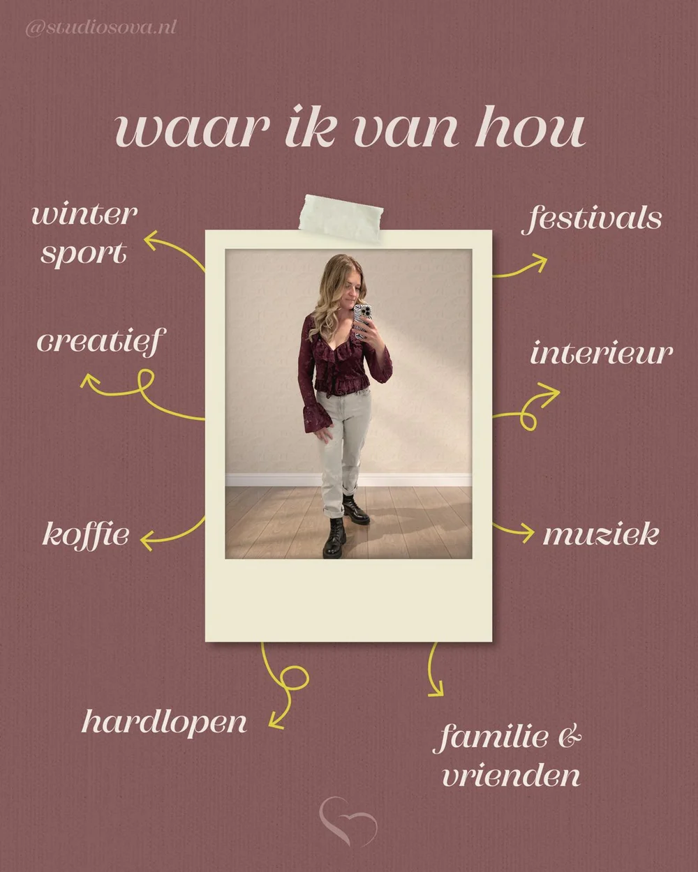 Waar ik van hou: wintersport, creatief, koffie, hardlopen, festivals, interieur, muziek, familie en vrienden. Met een foto van Sanne.